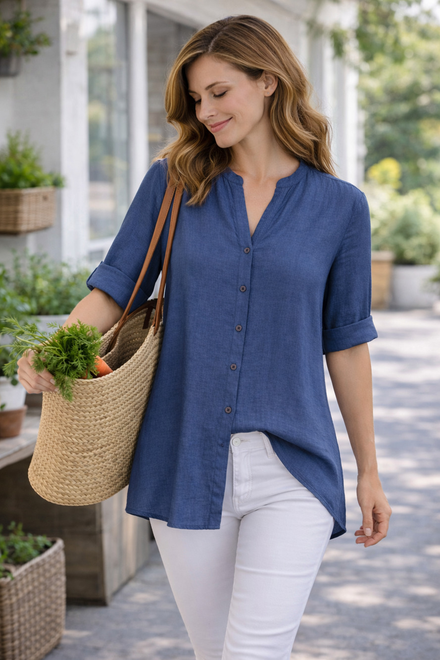 Chico’s 2 US L (12/14) Blue Tunic Top Button Front Short Sleeve Linen Blend Boho
